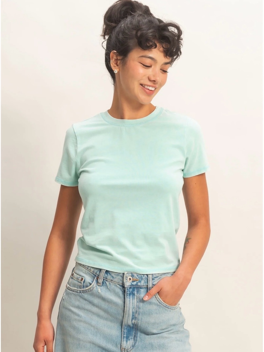 NEW Double Zero Turquoise Mineral Washed Cotton Crewneck Tee – Large